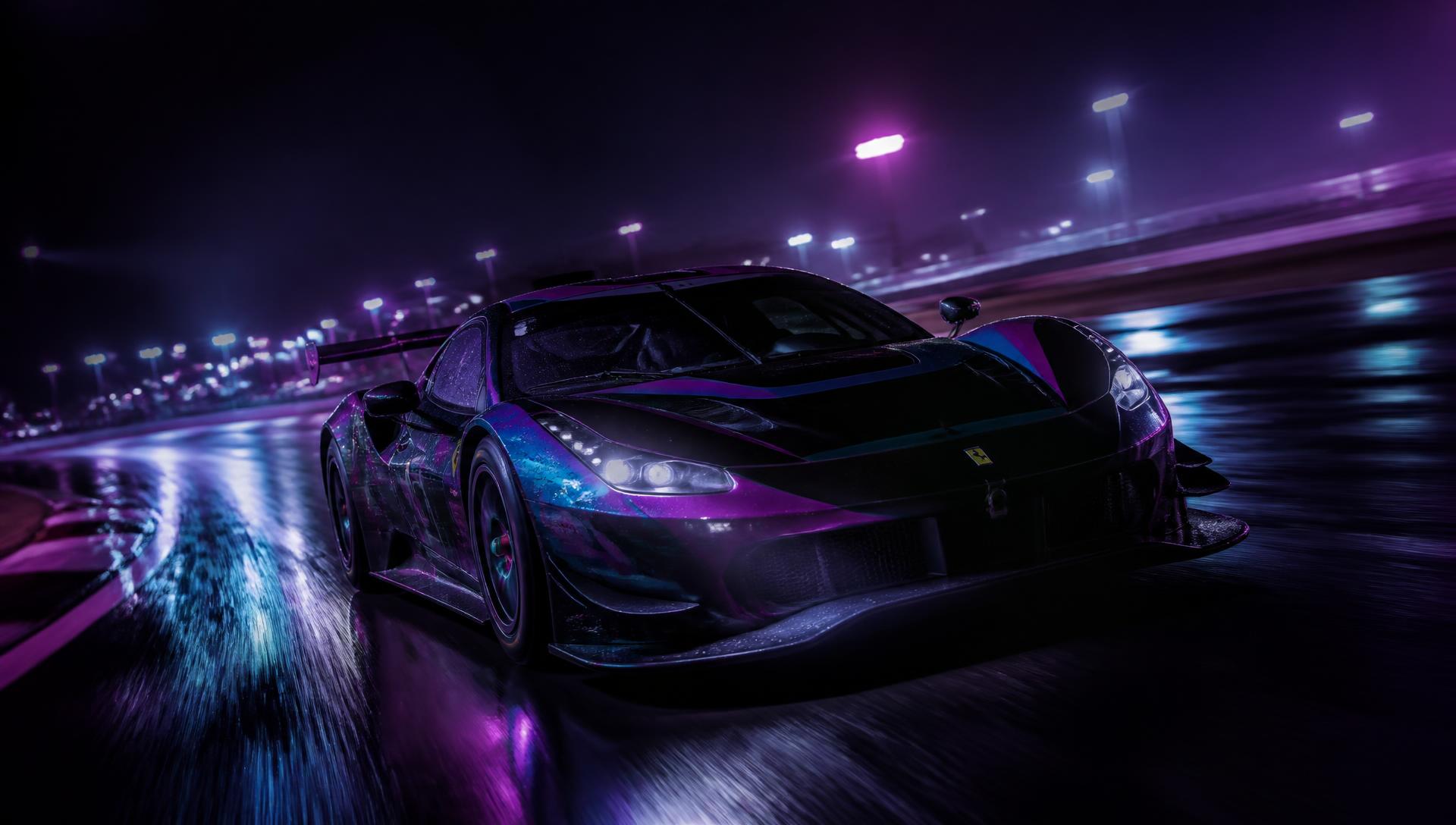 GT race car at speed under floodlights at Mandalika International Circuit